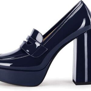 Women's Patent Leather Platform Loafers 4.5 Inch Heels Dress Shoes Pumps